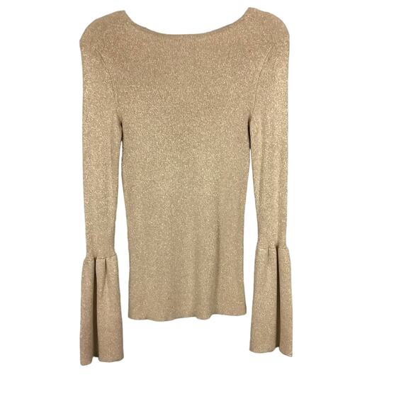 HINGE Rose Gold Metallic Bell Sleeve Tight Knit Pullover Sweater Top sz M - Picture 5 of 8